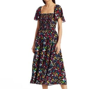 TANYA TAYLOR
Glenda Smocked Silk Midi Dress size xs floral‎ black red